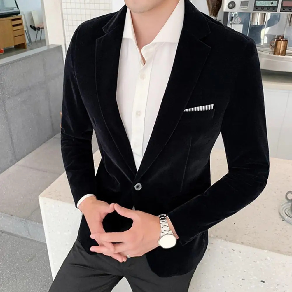 Spring Velvet Men Blazer Solid Color Temperament Suit Jacket Turndown Collar Long Sleeve Slim Fit Single Button Coat 250115