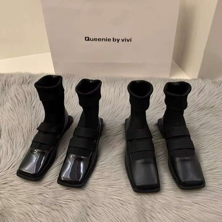 British style square knitted socks 2023 new high quality slimming loafers women's ankle boots single shoes