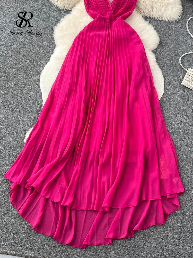 SINGREINY Summer Sexy A Line Dress Deep V Neck Sling Cross Ruffles Backless Pleated Solid Women Elegant Evening Party Long Dress 250110
