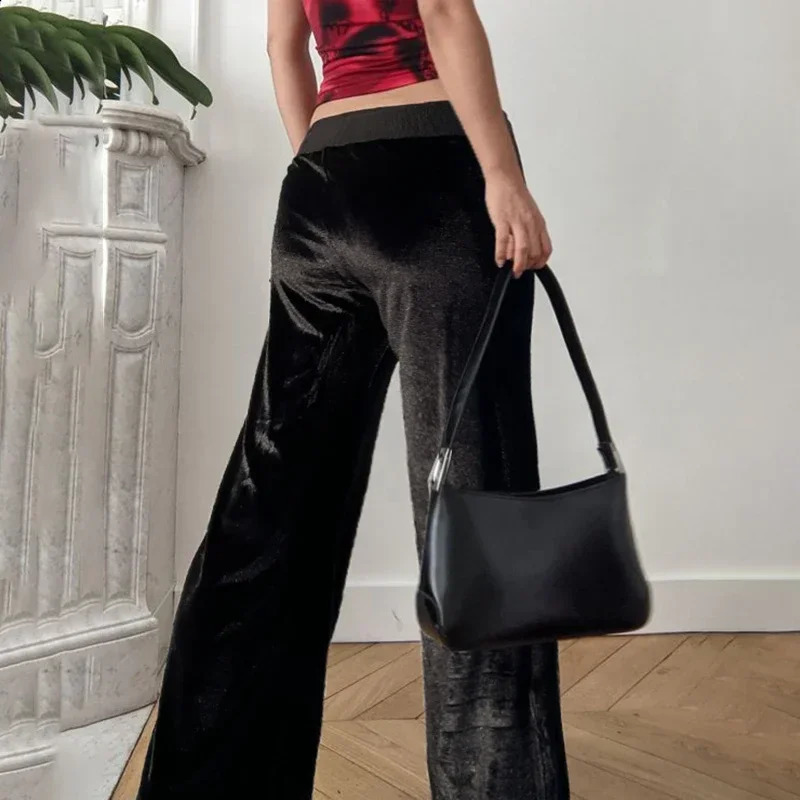 Rhinestones Star Velvet Flared Pants Y2K Aesthetic High Waist Baggy Sweatpants Casual Basic Boot Cut Trousers 250117