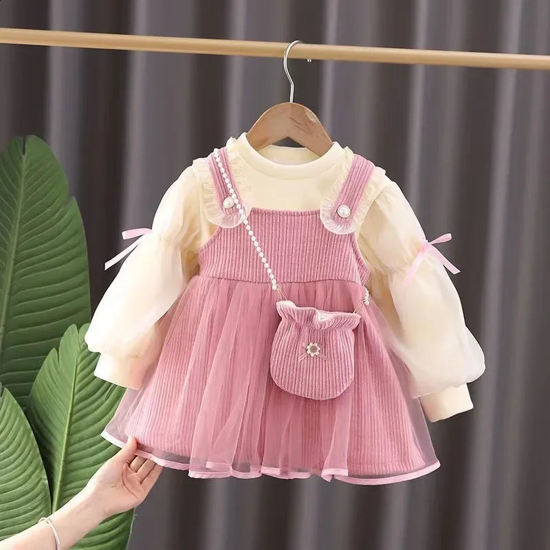 Dress for Baby Gilrs Basic Simple Fashion Bubble Sleeve Cute Bow Suspenders Skirt Two Sets To Send Diagonal Bag 250117