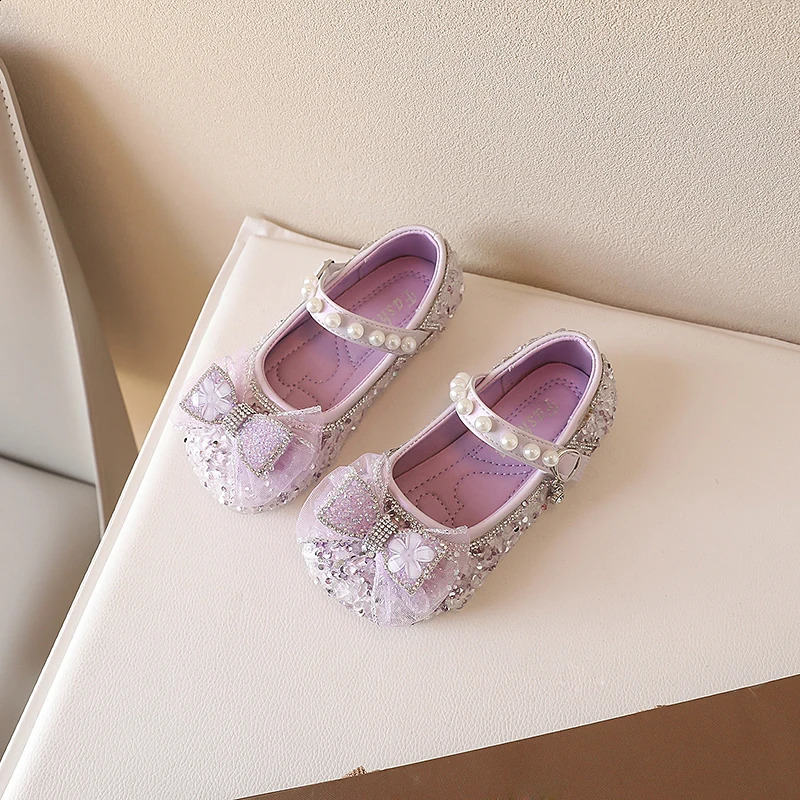 Girls Mary Janes for Party Wedding Shows Bow Sequined Rhinestones Shallow Children Fashion Versatile Soft Kids Casual Shoes 2024 250121