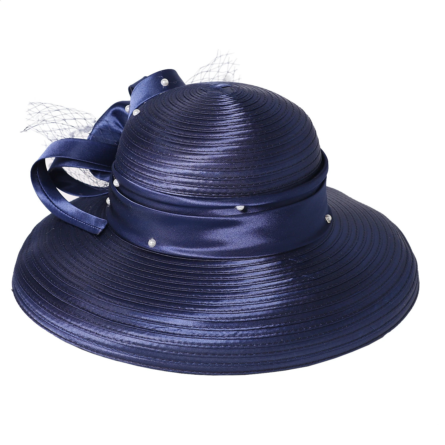 FS Wide Brim Fascinator Hats For Women Elegant Wedding Bridal Top Hat With Veil Flower y Navy Church Dress Derby Caps 250118