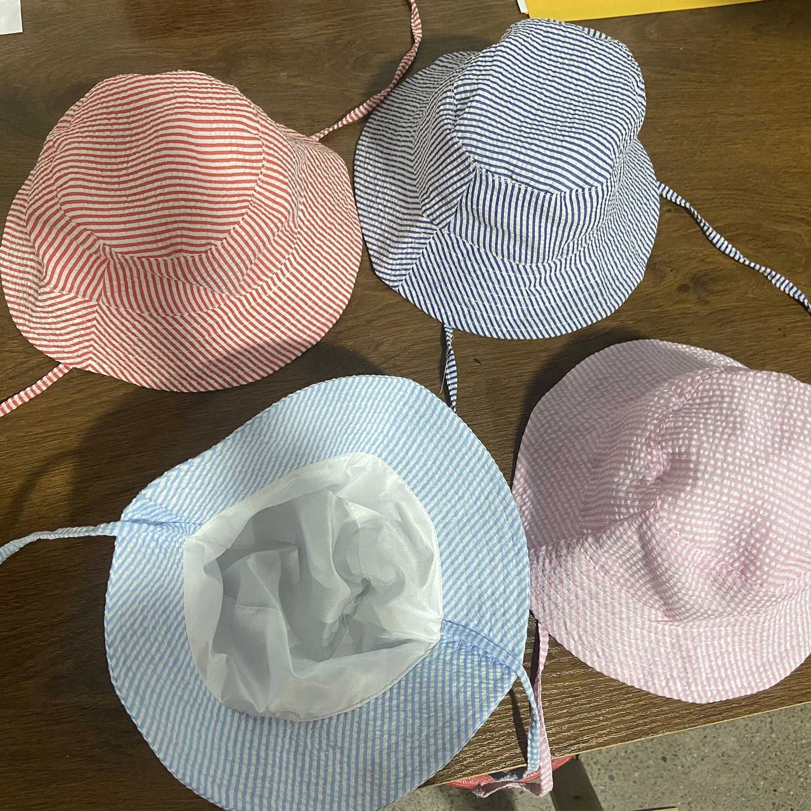 Striped Seersucker Summer Hat For Kids With Wide Brim Bucket Cap 50+ SPF Protective Breathable Folding M250121