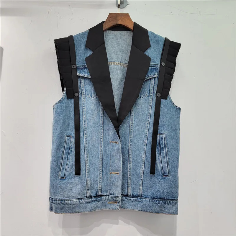 Vintage Blue Suit Collar Splicing Denim Vest Women Loose Long Waistcoat Cowboy Sleeveless Jacket Coat Pocket Jeans Vest Female 250122