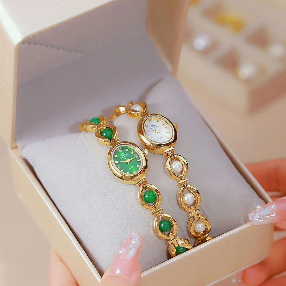 Vintage Green Jade Crystal Pearl Gemstone Womens Watch Elegant Gold Bracelet Waterproof Quartz Watch with Gift Box FA1685 250121