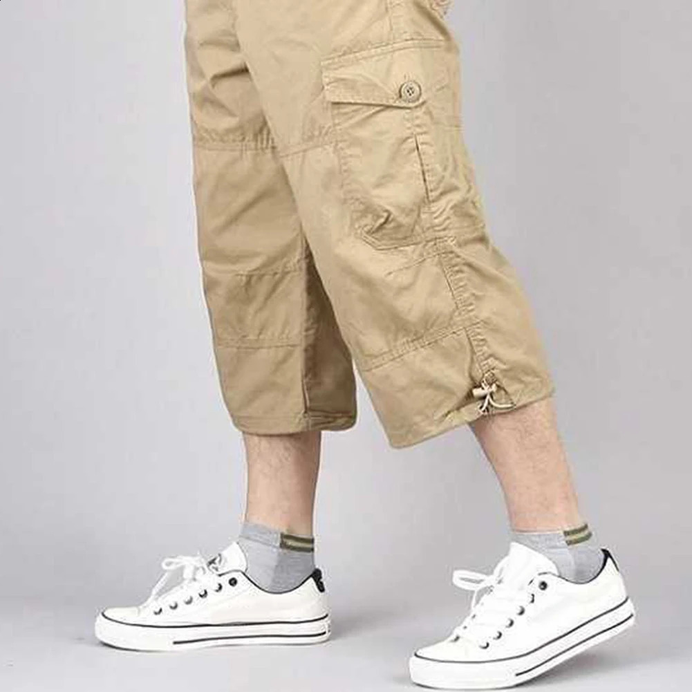 Summer Mens Casual Cotton Cargo Shorts Overalls Long Length Multi Pocket breeches Pants Male Cropped 250121