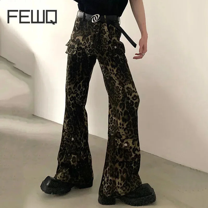 FEWQ American Leopard Print Mens Jeans High Waist Straight Leg n Male Flared Trousers Contrast Color Male Pants 24E6161 250120