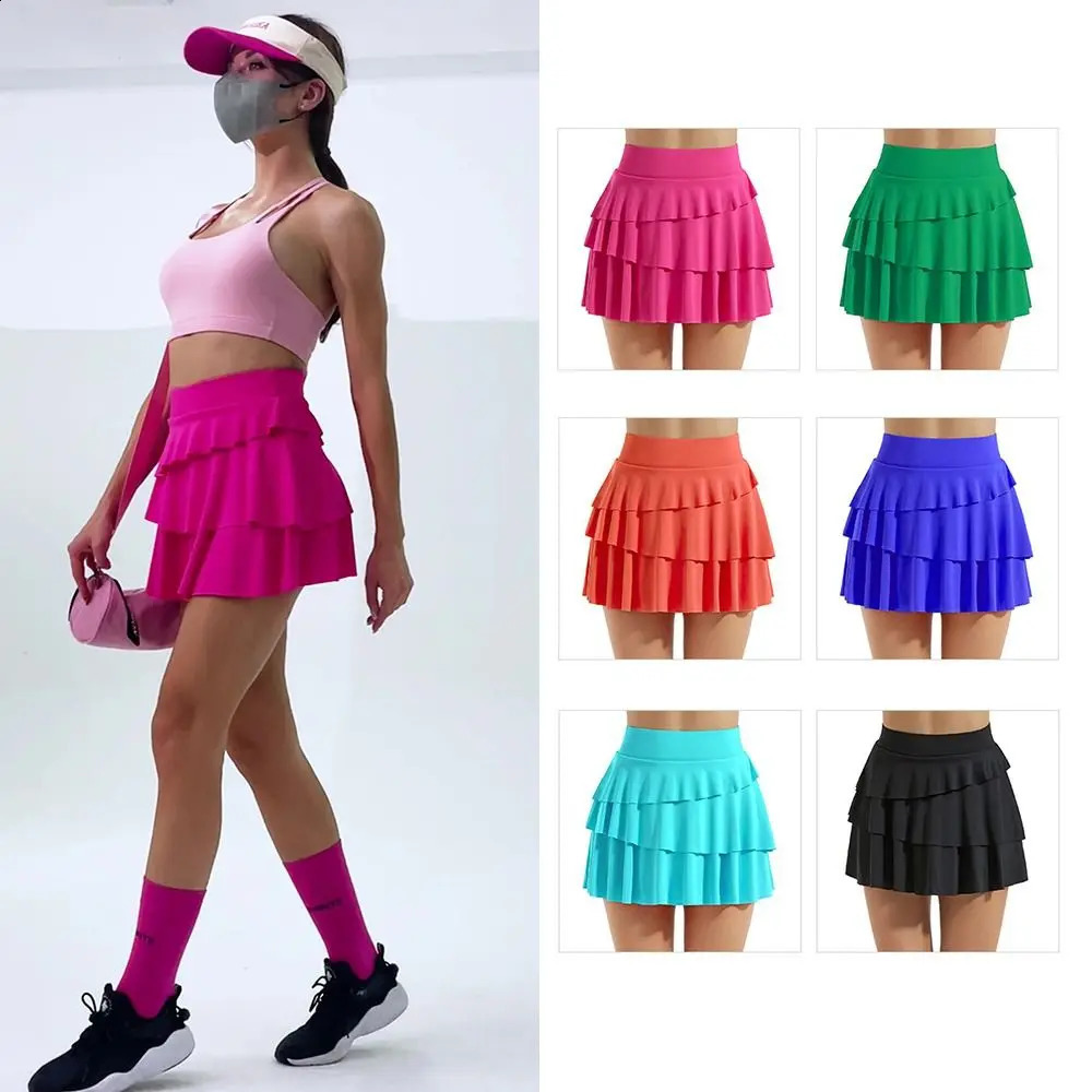 2 Pockets Pleated Tennis Skirts Ruffle Tummy Control Layered with Shorts Quick Drying Sports Dance Skirt Female 250122