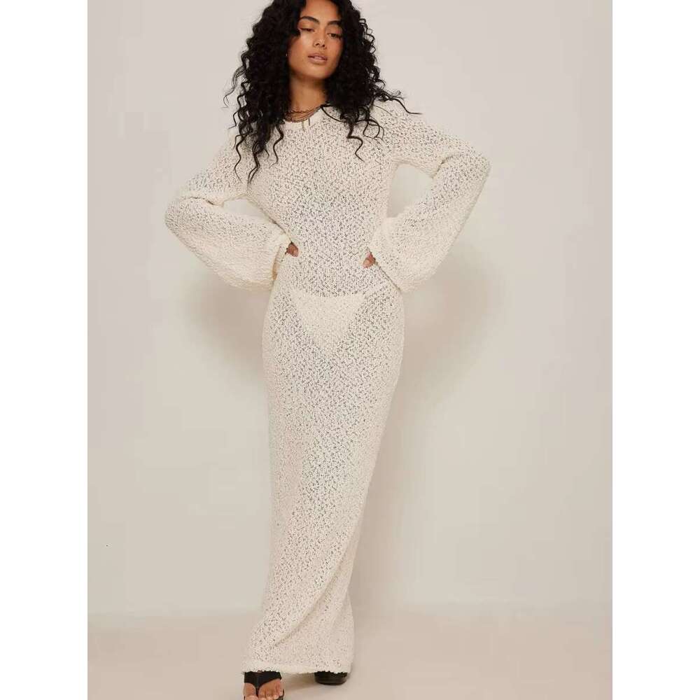 Transparent Knitted Long Women Vintage Fashion Full Sleeve U Collar Maxi Dress Female Casual Simple Summer Holiday Robe