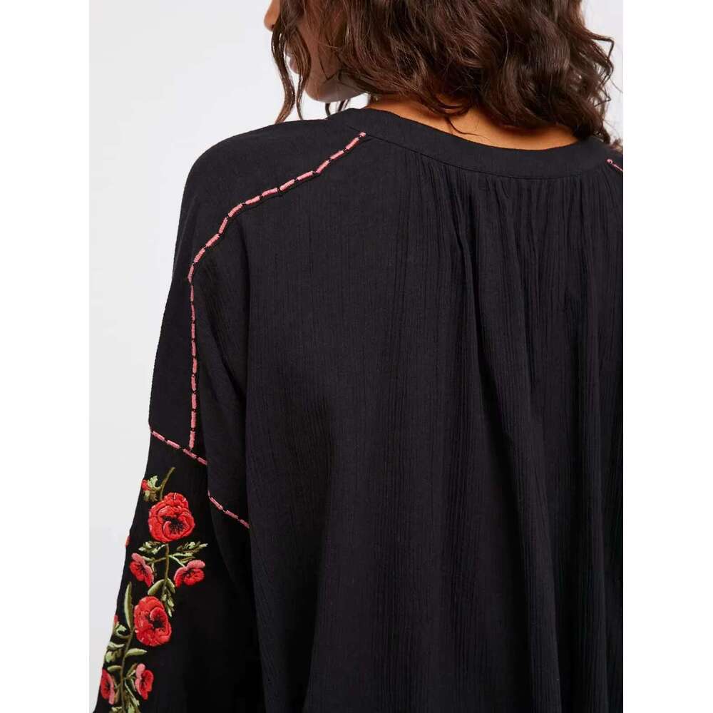 Women's Boho Style Mini Loose Ral Embroidery Black Oversized Short Beach Holiday Dress Vintage Chic Robes