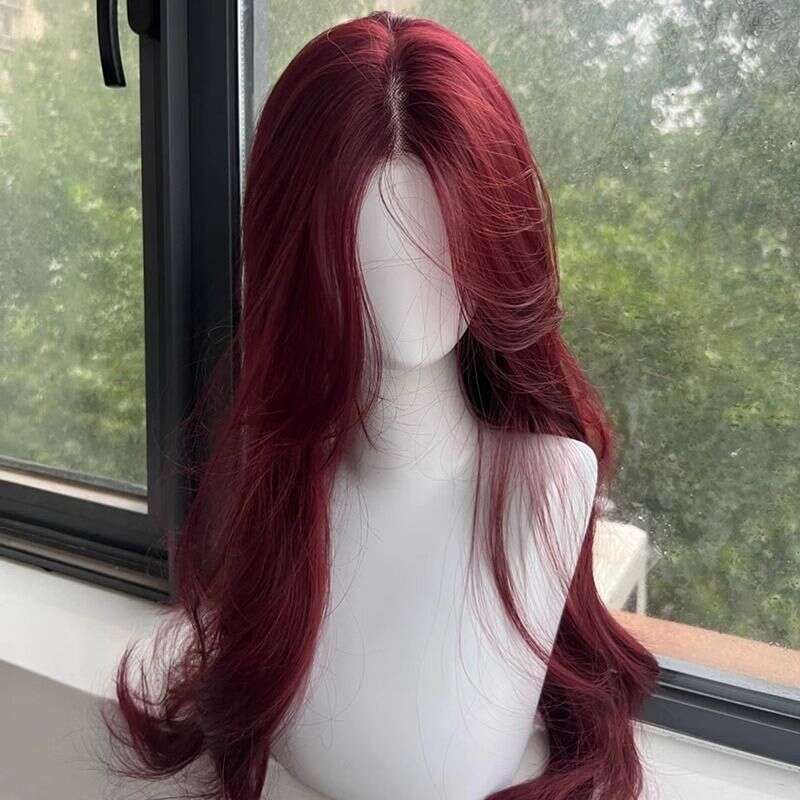Lace Front Wig Cover T Shape Rose Red Front Lace Large Wave For Women With Small Medium Split Eight E Bangs Long Curly Hair Full Head Wig Set