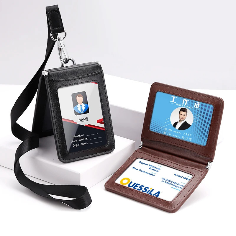 Top Grade Genuine Leather ID Badge Holder Business Cards Holders with Neck Lanyard Formal Staff Magnet Closed ID Card Name Tags 250120
