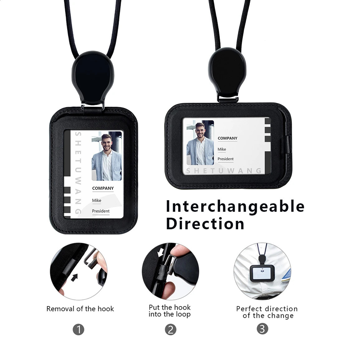 CASEKEY Retractable Lanyard ID Badge Holder Leather Bank Bus Metro Pass Card Case Cover Men Women Name Tag Card Holder Strap 250207
