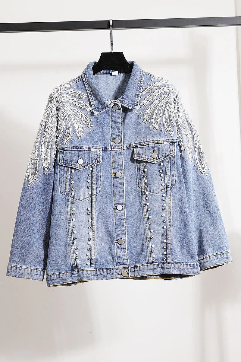 StreetWear Loose Jean Jacket Women Denim Jackets Autumn Fashion Heavy Beads Diamond Embroidered Flower Female Coats Top 250116