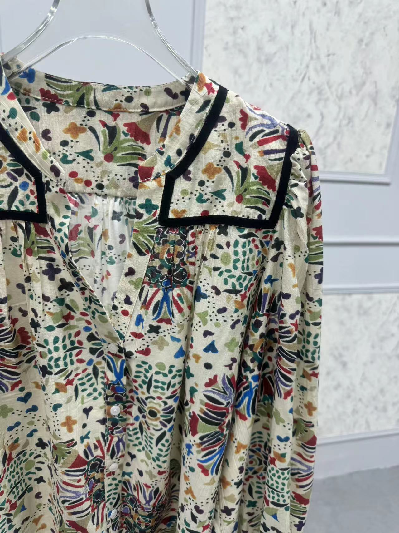 Vintage ral Print Women Single Breasted Blouse Puff Sleeve 100% Cotton V-Neck Ladies Autumn New Shirt Tops