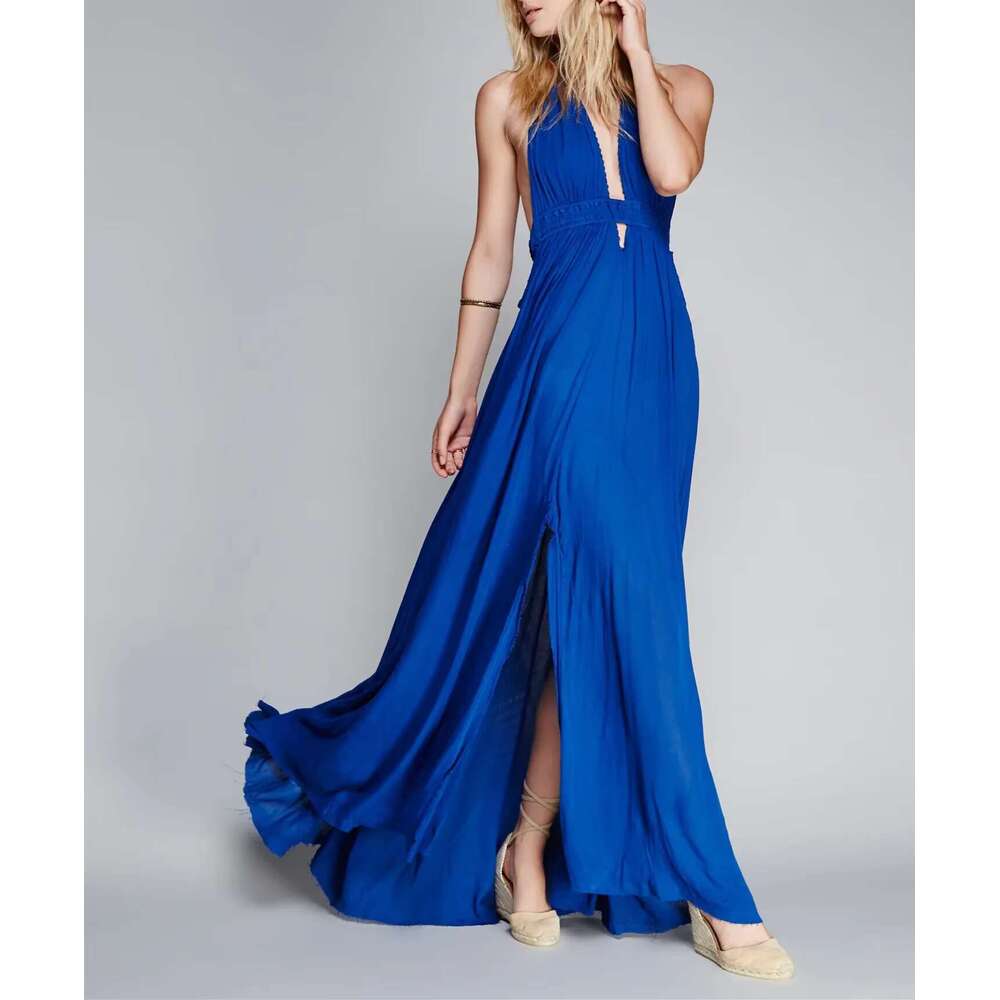 Beach Sundress V Neck Backless Sexy Holiday Cotton Maxi Dresses Boho Vestidos Vacation Strapless Dress