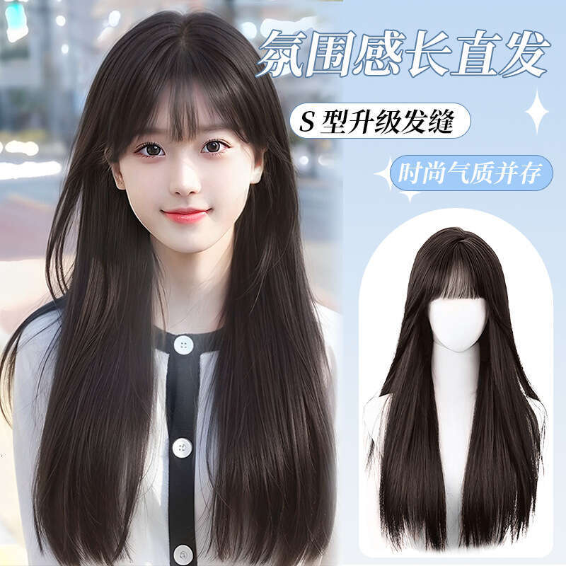 Lace Front Wig Cover T Shape Meisu Women S Summer Natural Full Head Imitation Human Hair Silk Mesh Red Black Long Straight Bang Wig Set
