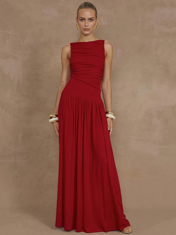 Mozision Elegant Sleeveless Maxi Dress For Women Fashion Solid Boat Neck Tank Dresses Ladies Sexy Ruched Long Dress Gown 250121