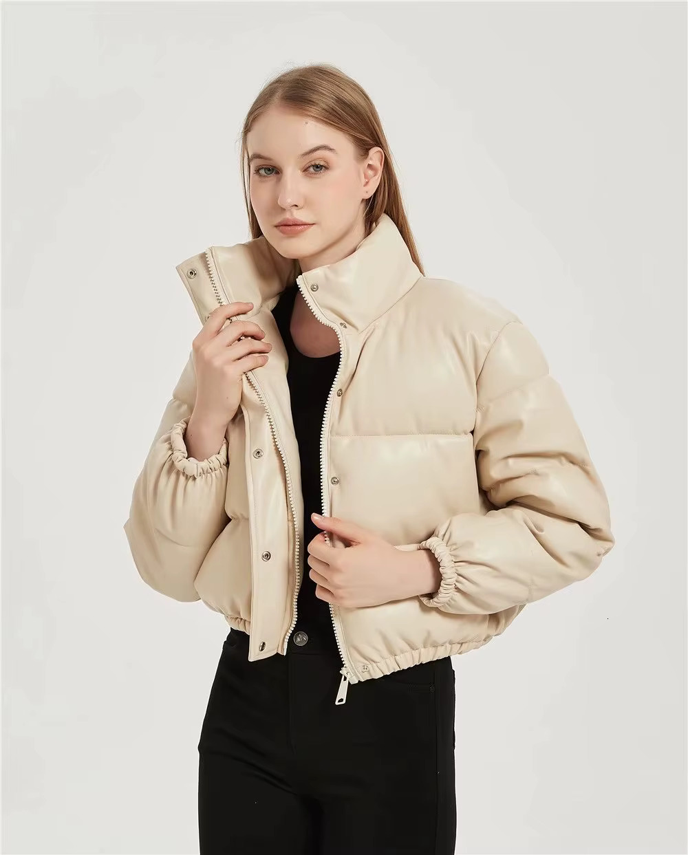 Faux Leather Cotton Jacket Parka Mujer Winter Clothes Women Warm Short Parkas 2023 Green/Black/Khaki Coats
