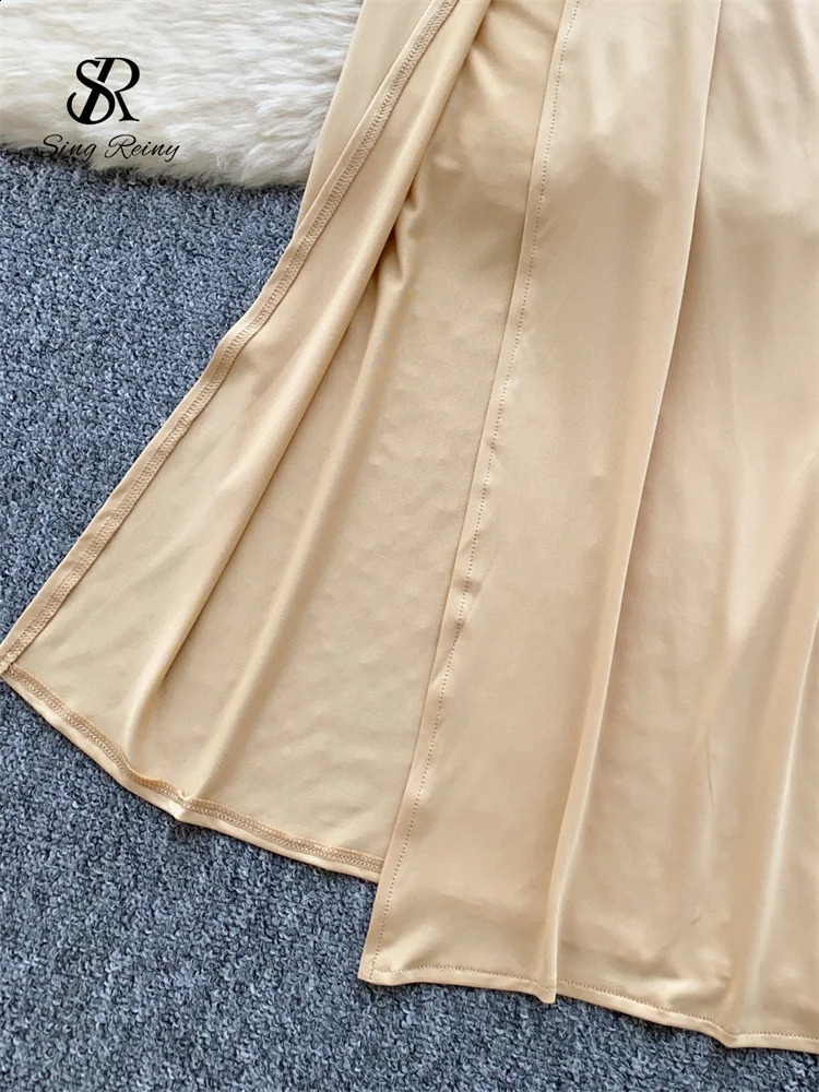 SINGREENY Vacation Styles Female Beach Skirt Sets Strapless Tank TopSplit Skirt Suit Fashion Fold Solid sexy long bikini swimsuit 250110