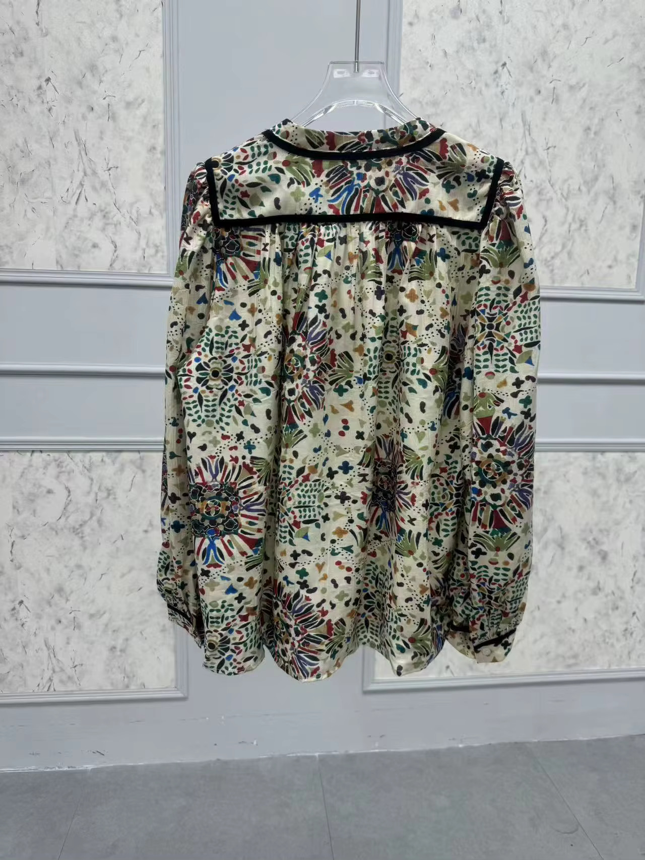Vintage ral Print Women Single Breasted Blouse Puff Sleeve 100% Cotton V-Neck Ladies Autumn New Shirt Tops