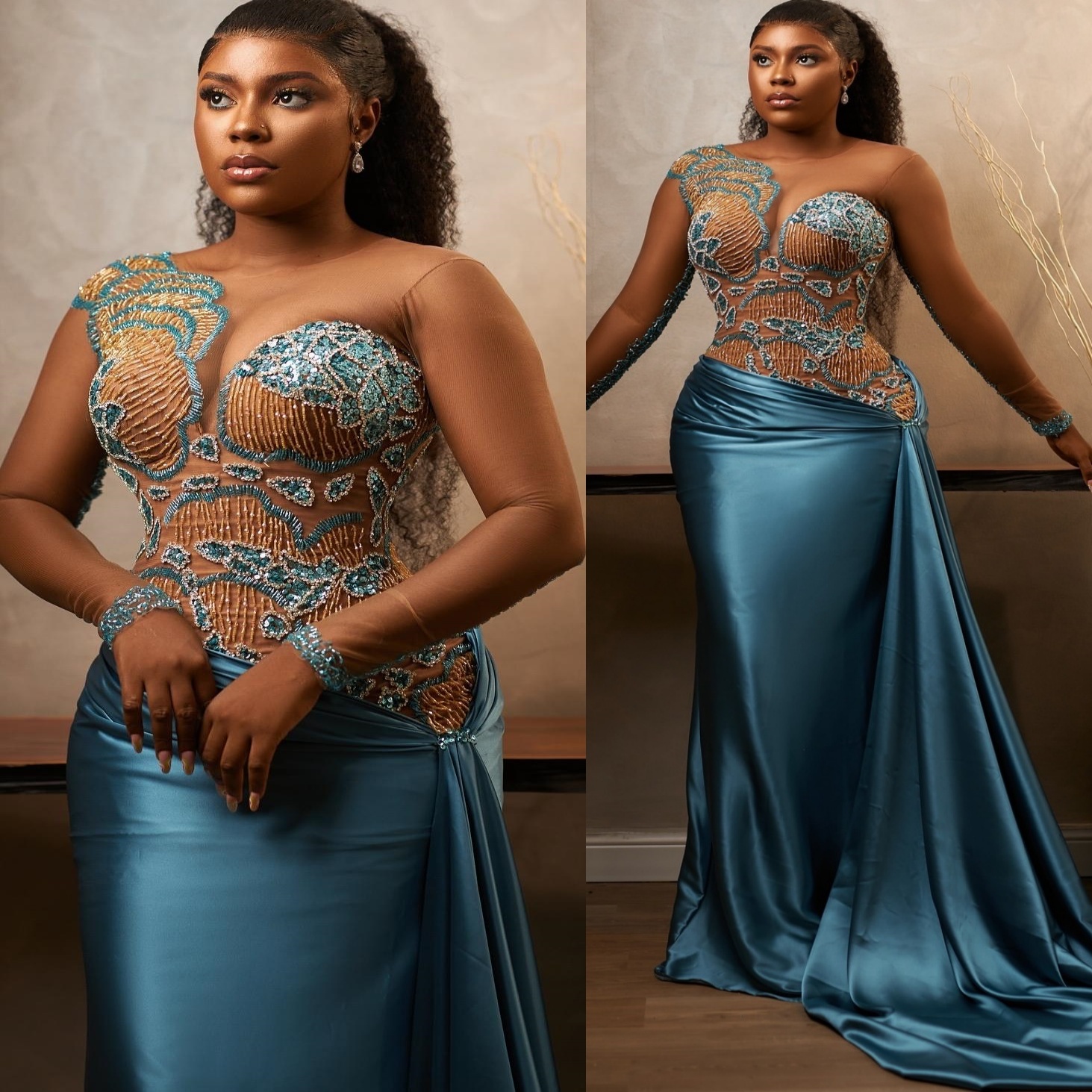 Aso Ebi Blue Sheath Prom Dresses 2025 Beaded Crystals Satin Illusion Evening Formal Party Second Birthday Engagement Gowns Plus Size Dress For Special