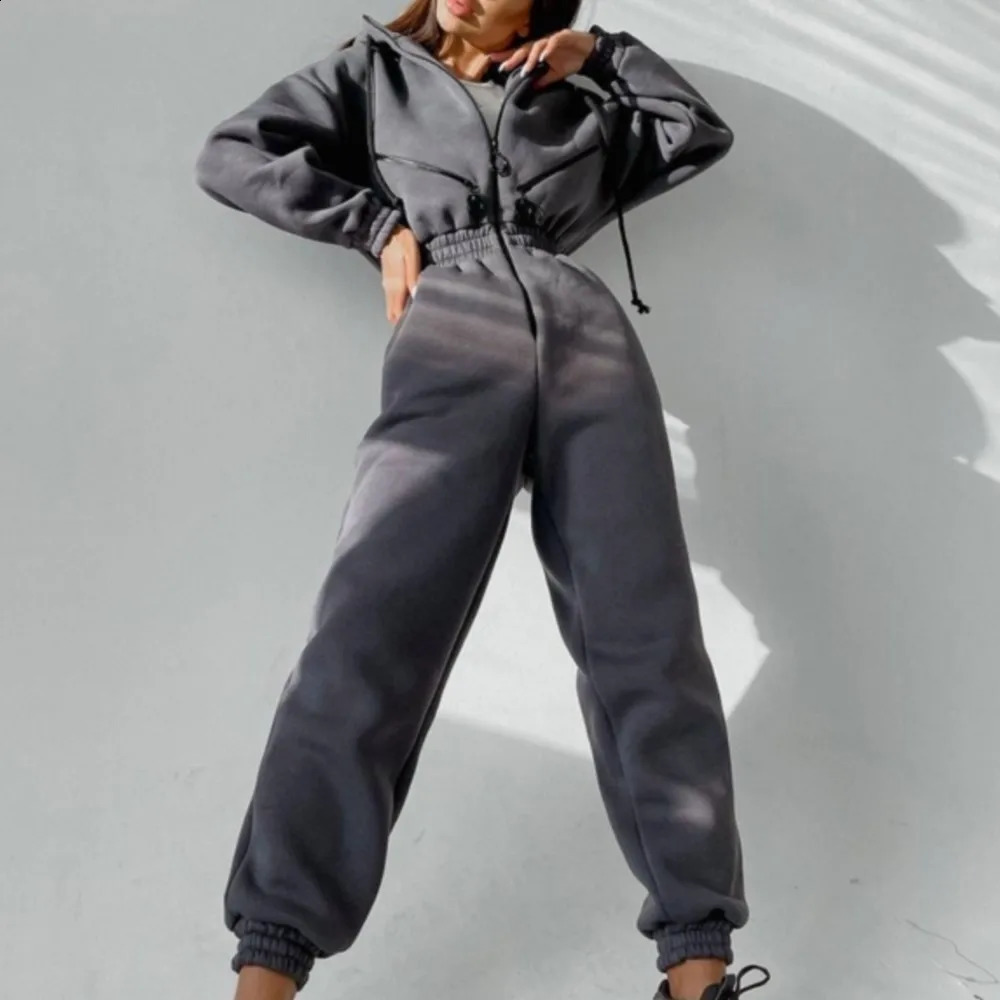 Autumn Womens Monochrome Long-Sleeved Jumpsuit Solid Color Zip-up Sportswear Female Winter Casual Tracksuit Fashionable Hoodies 250122
