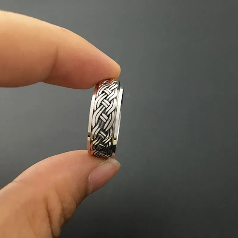 BOCAI Real S925 Sterling Silver Jewelry Fashion Retro Thai Man Ring Hemp Rope Simple Rotating Turn to Good Luck 250117