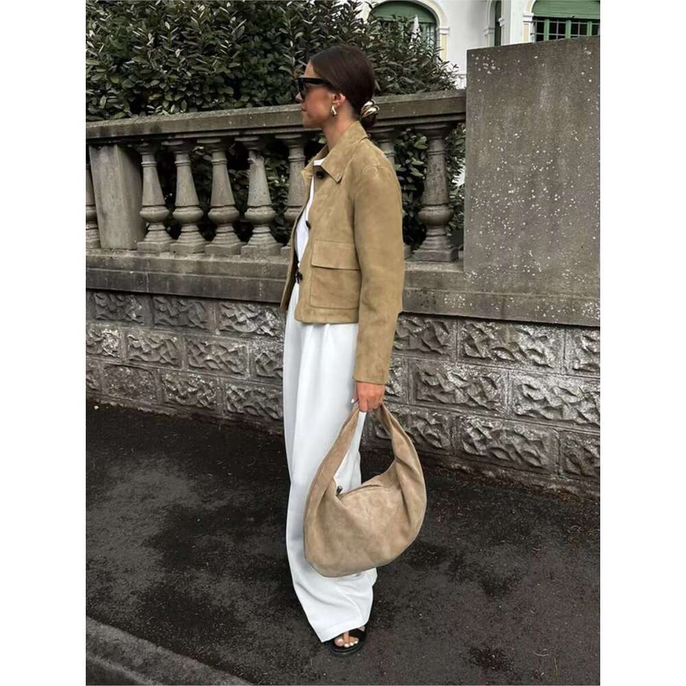New Solid Soft Suede Jacket Women Autumn Single Breasted Long Sleeve Cropped Jackets Streetwear Fashion Vintage Outerwear