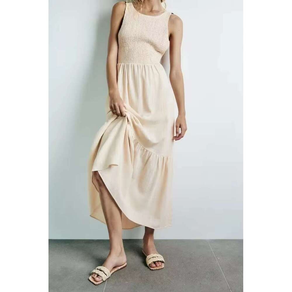 New Cotton Maxi Open Back Cross Sleeveless Holiday Solid Color Lace Up Ankle Length Dress Mujer Vestidos