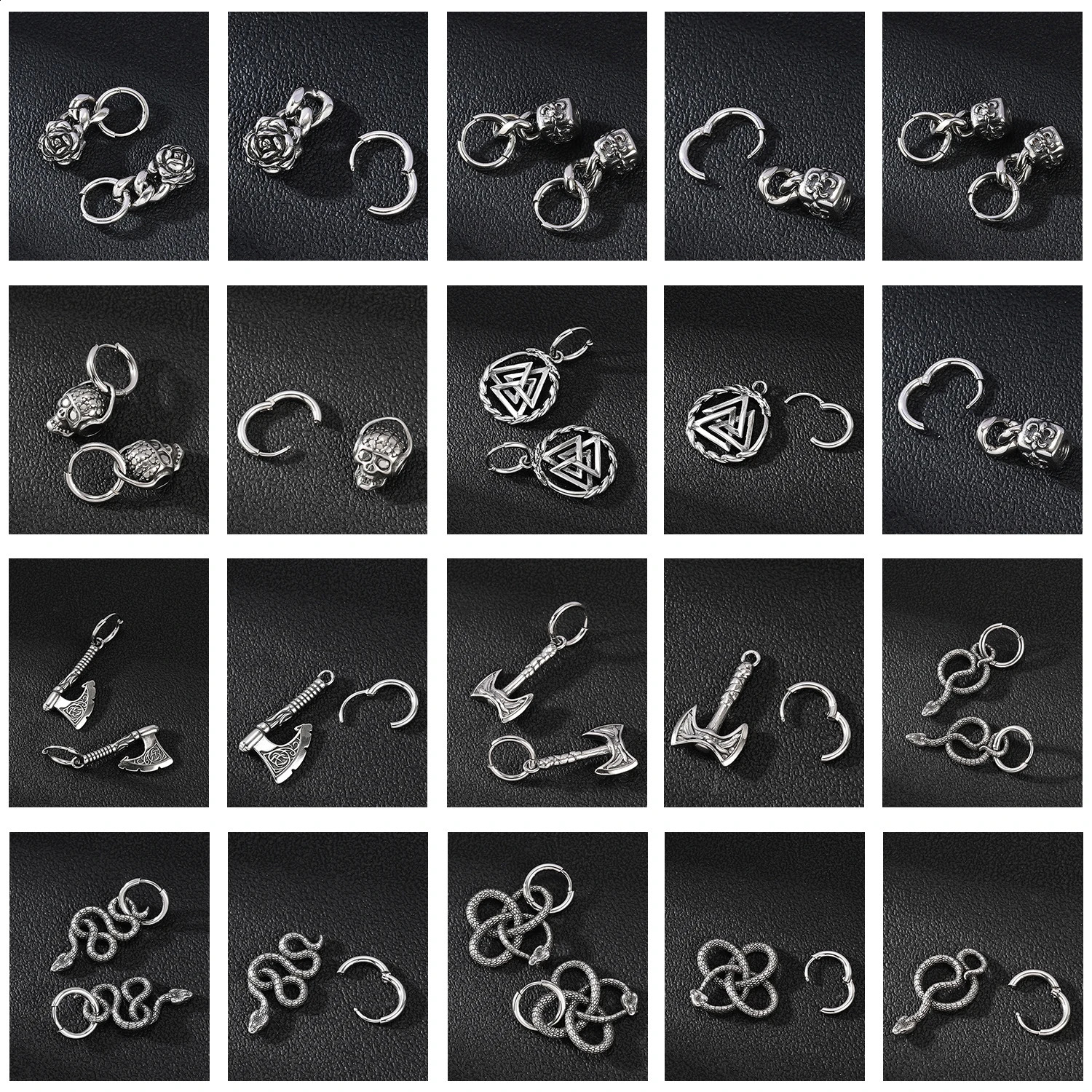 ZS 1Pair Punk Rock Dangle Earrings Stainless Steel Hoop Rings Pendant Earrings for Men Skull Snake Cross Shape Ear Piercing 250120
