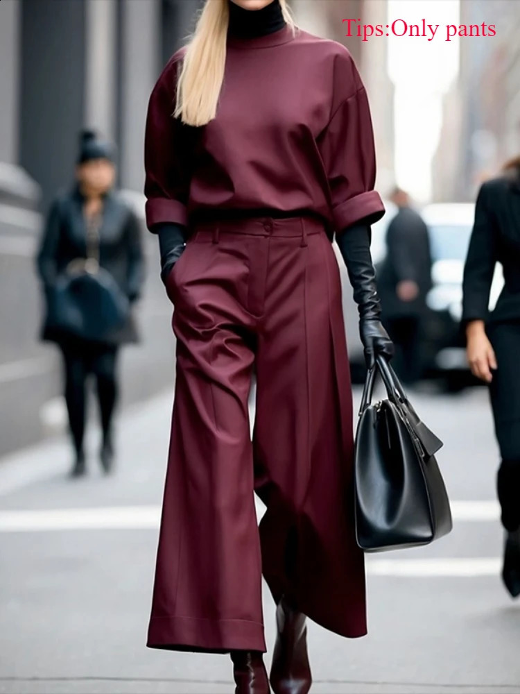 Freeacy Womens Fashion Wide Leg Ninth Pants Solid Color High Waist Pleated Trousers Elegant Urban Pants for Office Ladies 250117