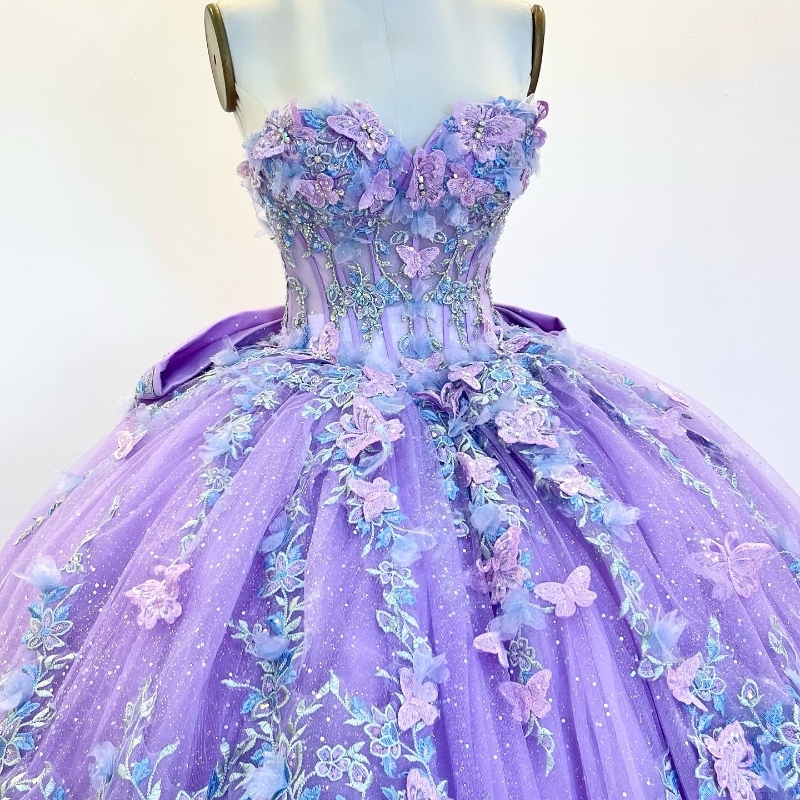Lavender Quinceanera Dresses Ball Gown Off The Shoulder Applique Lace Bow Beading Tull Party Birthday Sweet 16 Dress Vestidos 15 De Anos