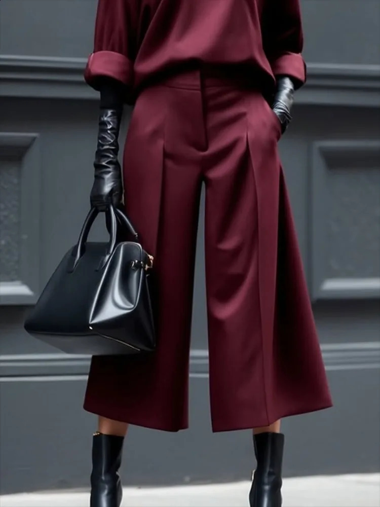 Freeacy Womens Fashion Wide Leg Ninth Pants Solid Color High Waist Pleated Trousers Elegant Urban Pants for Office Ladies 250117