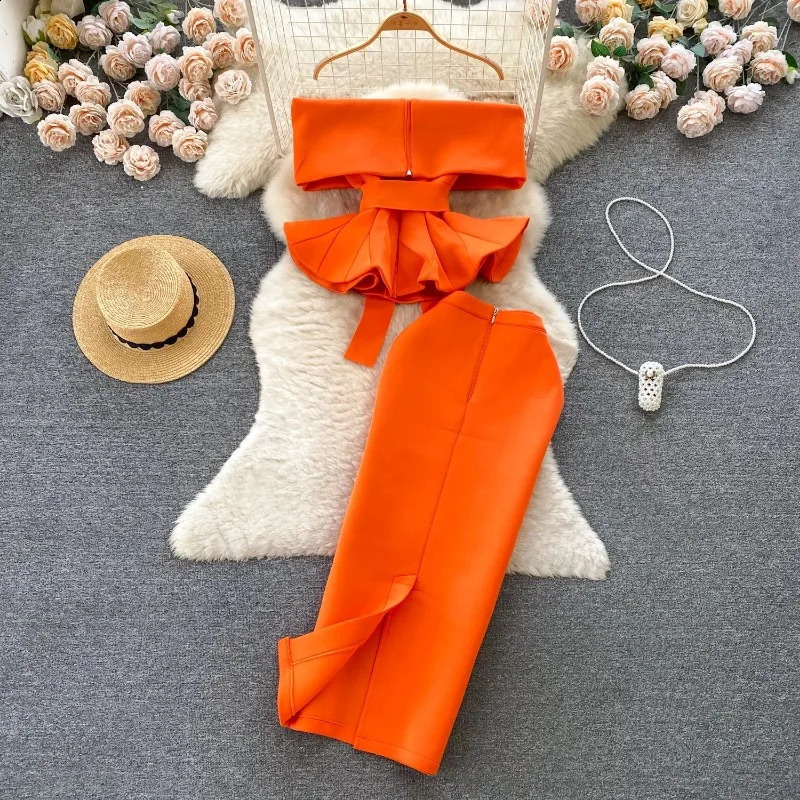 Women Vintage Two Pieces Skirt Sets Women Long Sleeve Sexy Slash Neck Bandage Ruffle Blouse Top and High Waist Hip Wrap Skirt 250116