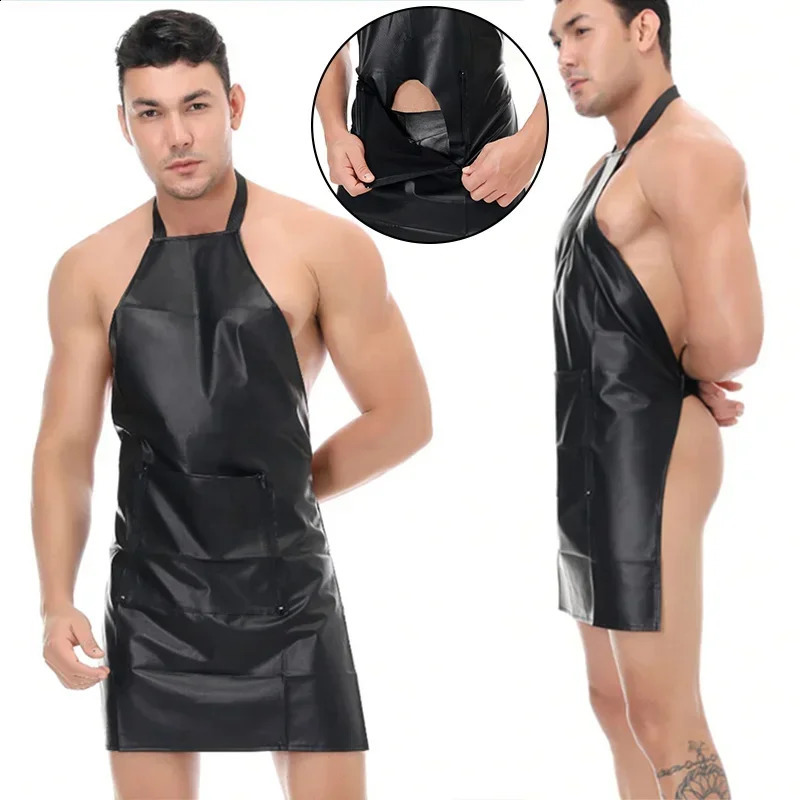Men Sexy Bodysuits Apron Hollow Out Erotic Clubwear Black OnePiece Kitchen Dress Bodyshaper Gay Penis Hole Backless Lingerie 250108