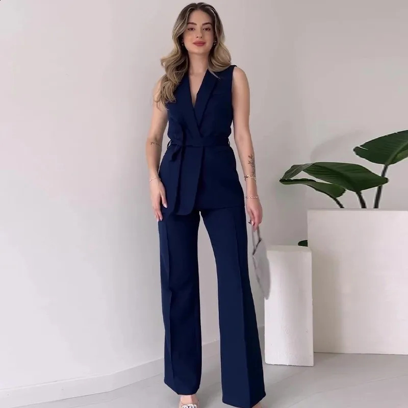 2 Piece Sets Lady Turn Dwon Collar Sleeveless Top With Long Pants Suit Elegant Solid Color Slim Set Women Party Outfit y250114