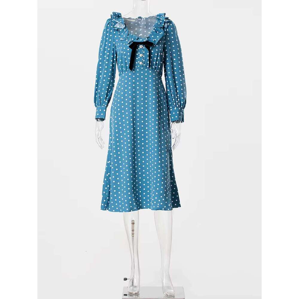 Polk Dot Print Midi New Sleeve U Collar Slim Elegant Bow Decor Ruffle Dresses Casual Fashion Long Dress