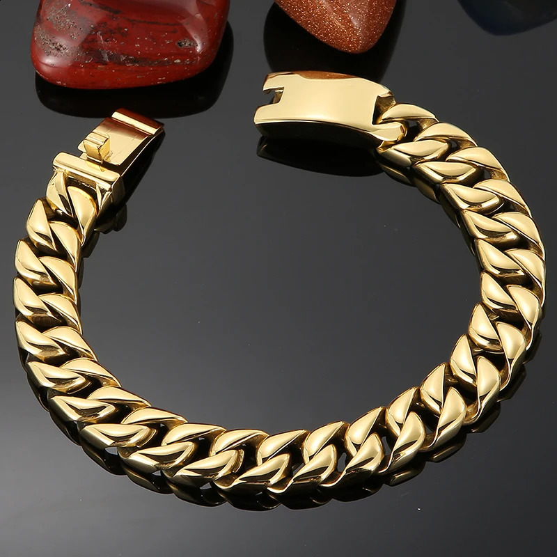 12MM Curb Chain On Hand Jewellery Polished Brushed 316L Stainless Steel Man Bracelet For Men Classic Mens Bracelets Male Strap 250121