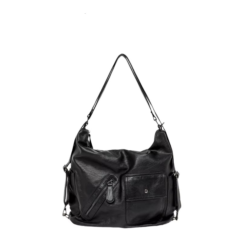 Original Brand Korean Japan Black Bag Large Capacit Multi-Pocket Soft Leather Lady Backpack Zone Retro Function Shoulder Totebag