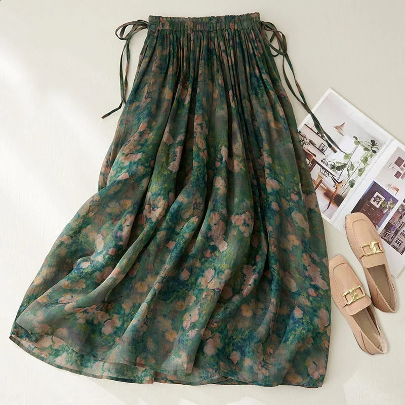 Vintage Printed Long Skirt Cotton Linen Floral Elasticated Waist Tie Skirts Summer Flowing Literary Artistic Forest Women 250110