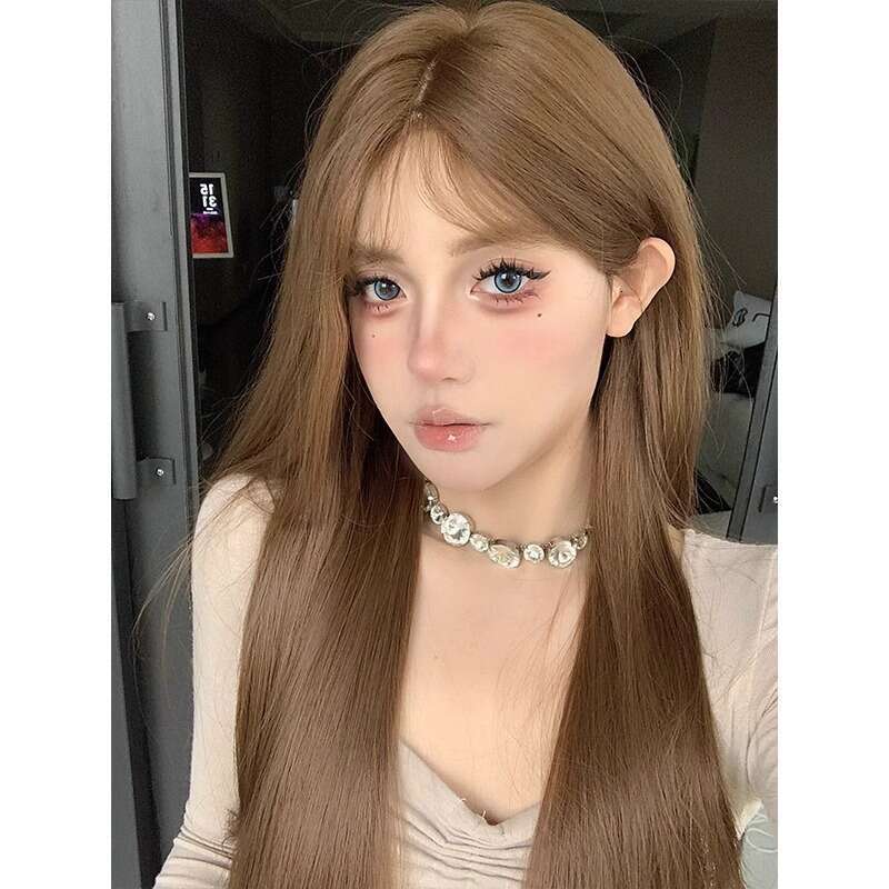 Lace Front Wig Cover T Shape Koni Overseas Good Girl Wig Female Daily Internet Celebrity Long Hair One Word Front Lace Middle Split Full Headset