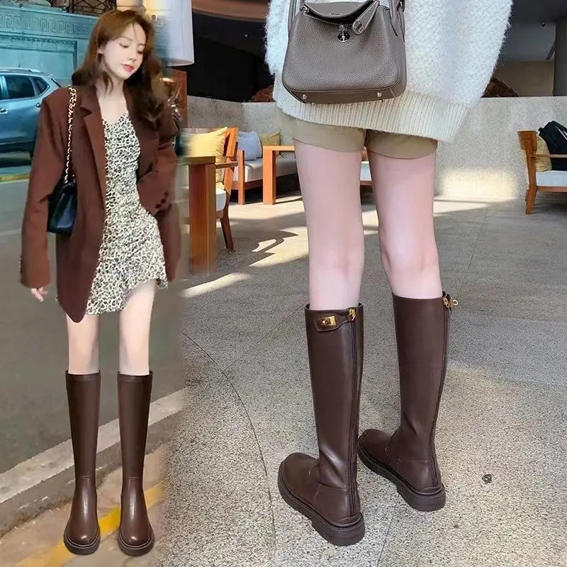 Leather Long Boots for Women Round Toe Elegant with Low Heels Knee High Shaft Shoes Woman Spring Autumn Y2k Boot Sale 250118