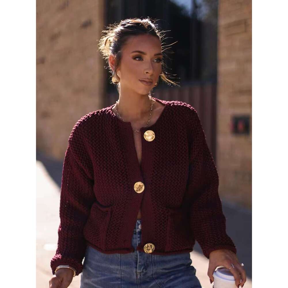 Pocket Solid Knitted Cardigan Women Autumn Single Breasted Long Sleeve Sweater Vintage Fashion Hollow Out Jumper Outerwear