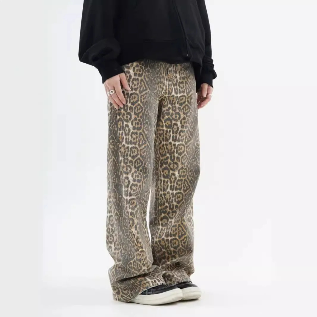 Vintage Y2k Leopard Print Jeans Mens and Womens High Street Loose Straight Trousers Trendy Wide-leg Trousers 250120