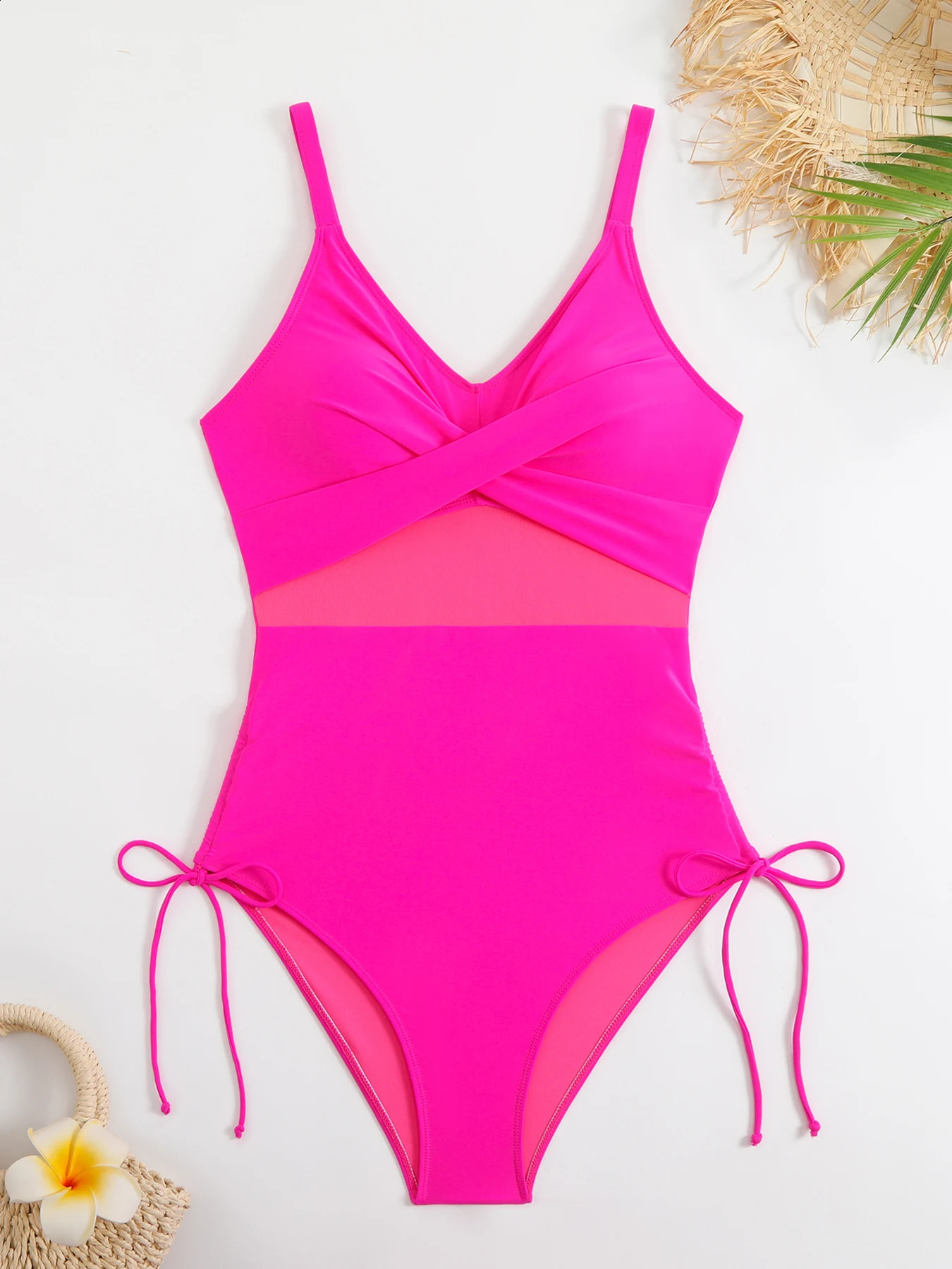 Sexy Plus Size Mesh Patchwork One Piece Swimsuit For Women Cross Swimwear Female Drawstring Bodysuit Bathing Suit Beachwear 250117