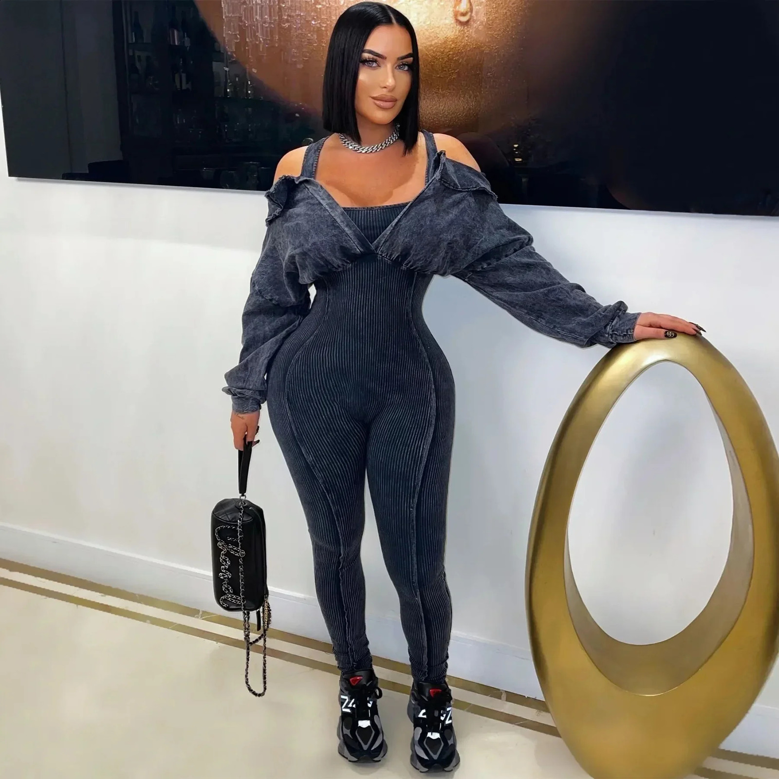 CM.YAYA Fashion Women Knit Ribbed Long Sleeve Moto Biker Jumpsuits Strap Autumn Washed Streetwear Slim One Piece Suit Romper 250109