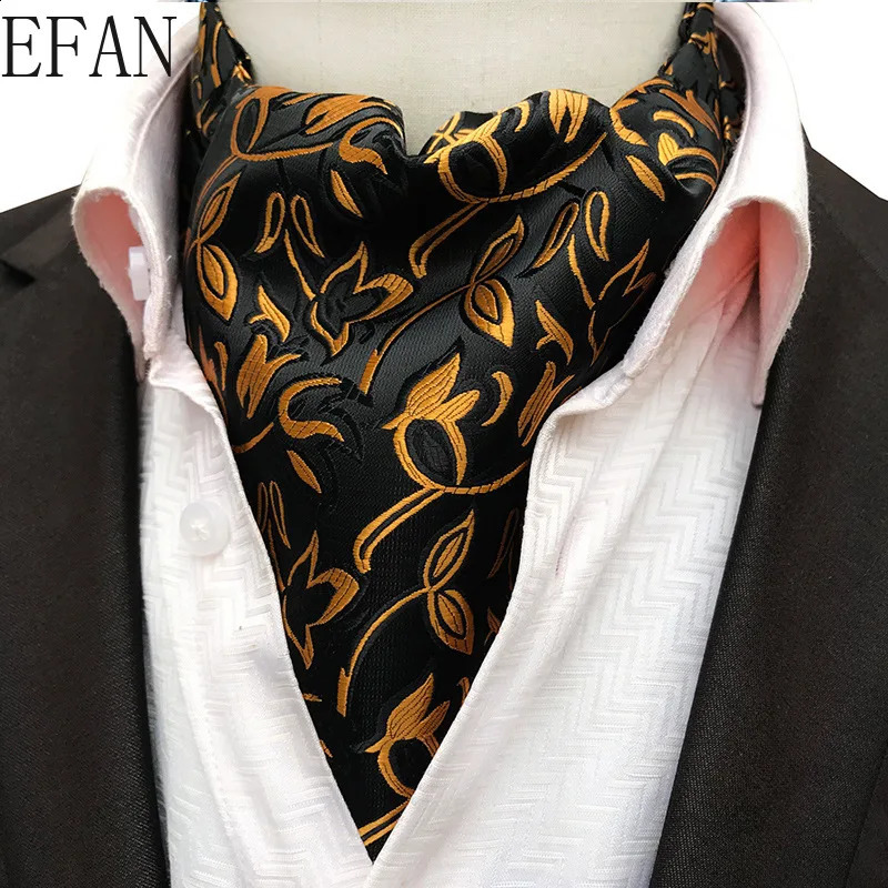 Solid Black Men Vintage Cashew Floral Wedding Formal Cravat Ascot Scrunch Self British Gentleman Silk Woven Neck Tie 250117