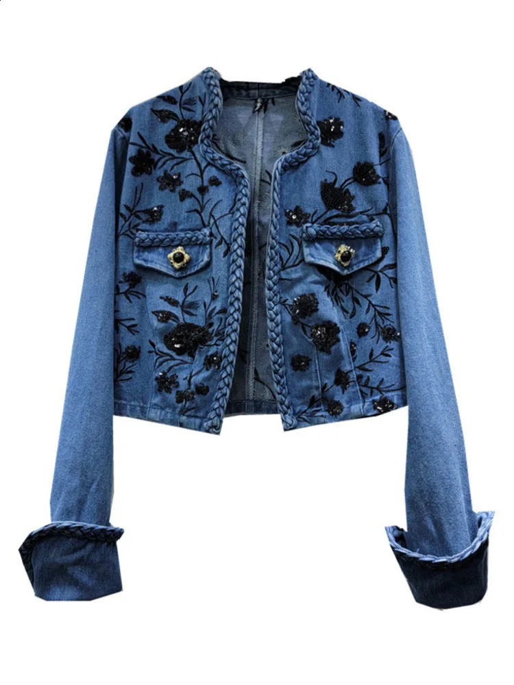 DEAT Trendy Items Womens Embroidery Sequins Denim Coat Summer Fashion V-neck Long Sleeves Jacket Female 33A1261 250116